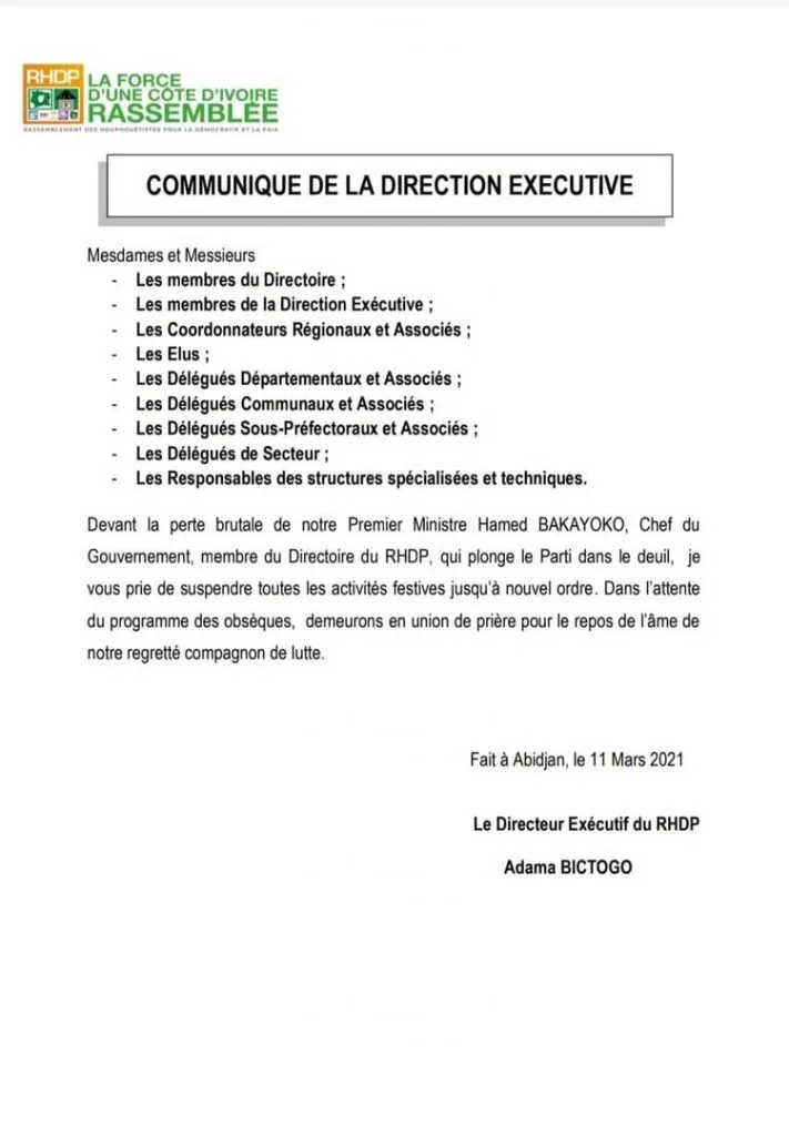Décès du Premier Ministre Hamed Bakayoko: Ce que le RHDP a décidé. Décès du Premier Ministre