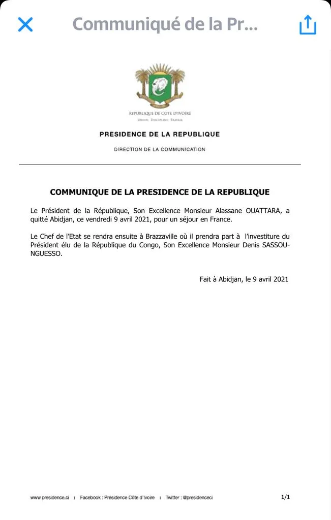 Côte d'Ivoire: Le Président Alassane Ouattara en France pour un séjour. Alassane Ouattara