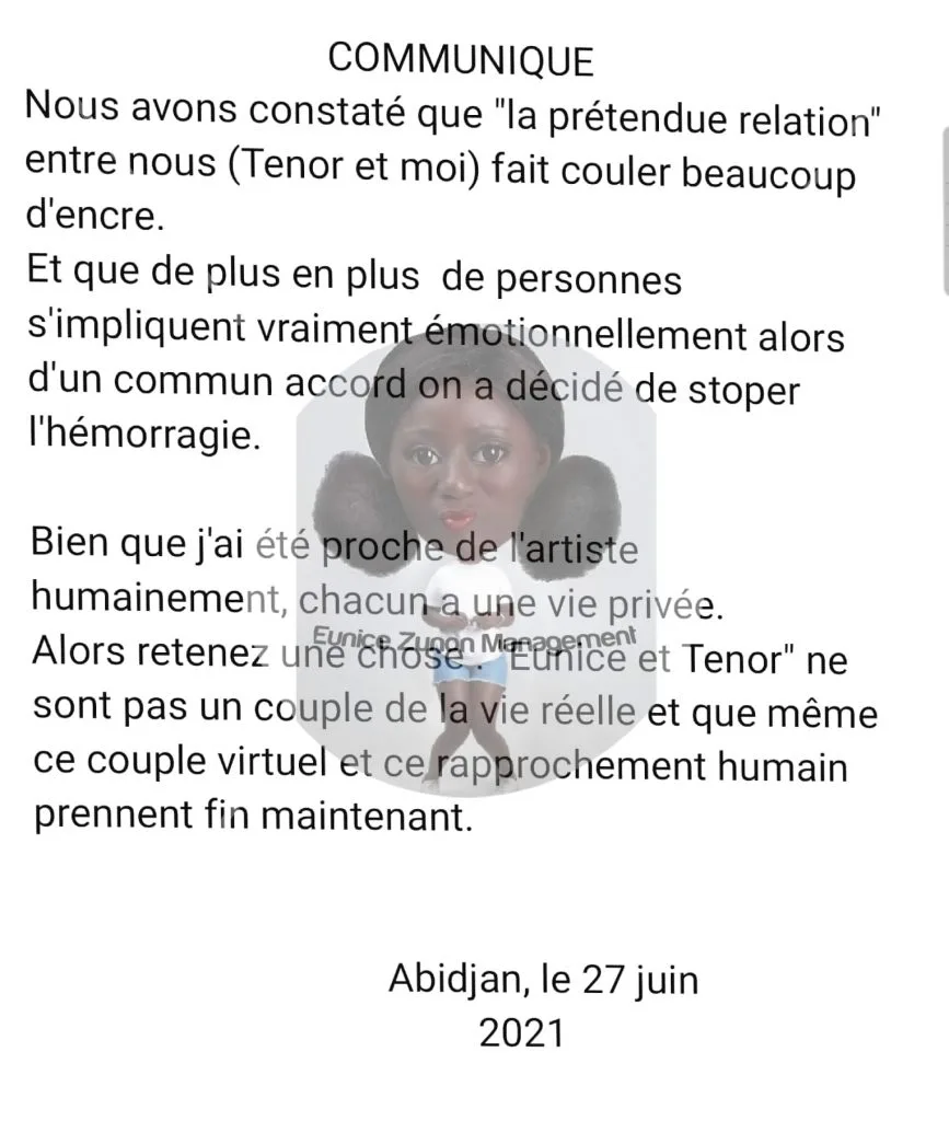 Exclusif, Eunice Zunon après sa rupture avec Ténor : «Il n'a jamais demandé à sortir avec moi, mais il n’est pas du genre à » Exclusif, Eunice Zunon après sa rupture avec Ténor : «Il n'a jamais demandé à sortir avec moi, mais il n’est pas du genre à » | Affairage.ci