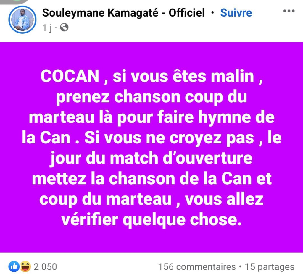 Hymne de la CAN 2023 : mauvaise nouvelle pour A’salfo (photo) Hymne de la CAN 2023 : mauvaise nouvelle pour A’salfo (photo) | Affairage.ci