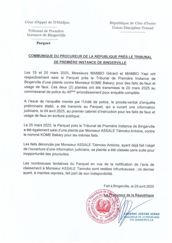 Justice ivoirienne : la plainte d’Assalé Tiémoko contre Kome Bakary classée Communiqué du Parquet concernant la plainte d'Assalé Tiémoko