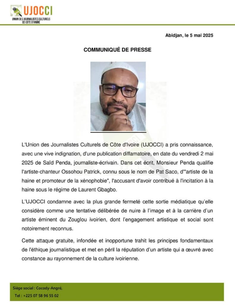 Polémique autour de Pat Sacko : l’UJOCCI monte au créneau contre Saïd Penda UJOCCI