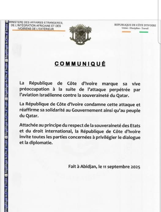 La Côte d’Ivoire condamne l’attaque israélienne contre le Qatar Qatar