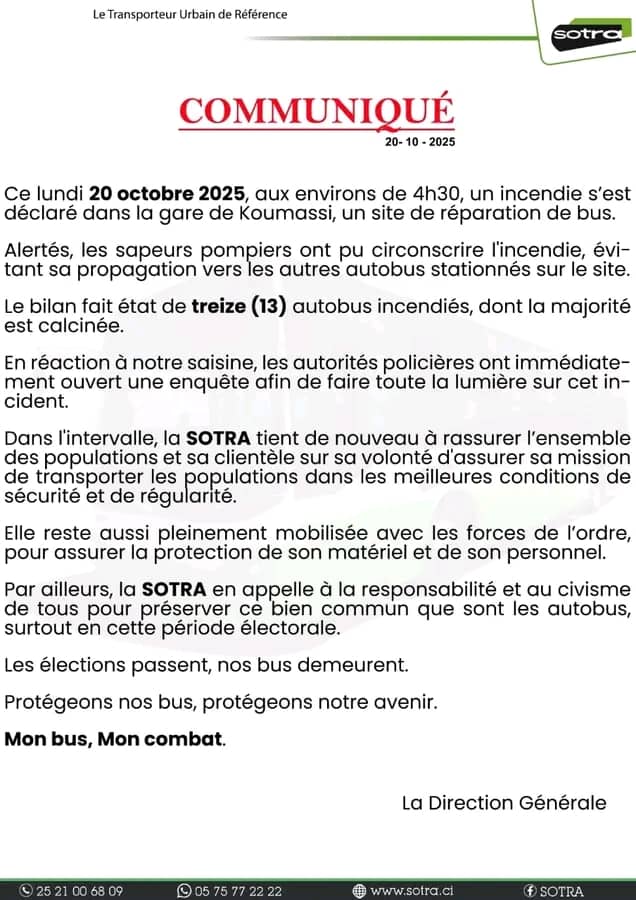 Incendie à la gare SOTRA de Koumassi : treize bus calcinés, une enquête ouverte Sotra