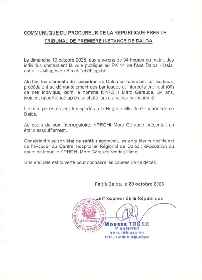 Décès de Kprohi Marc Géraude : le procureur de Daloa publie un communiqué Daloa