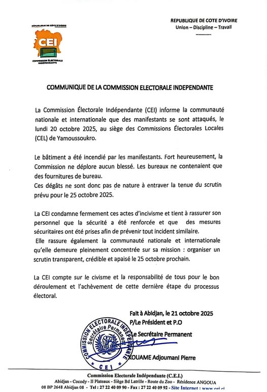 Incendie au siège des CEL de Yamoussoukro : la CEI rassure sur le déroulement du scrutin CEI