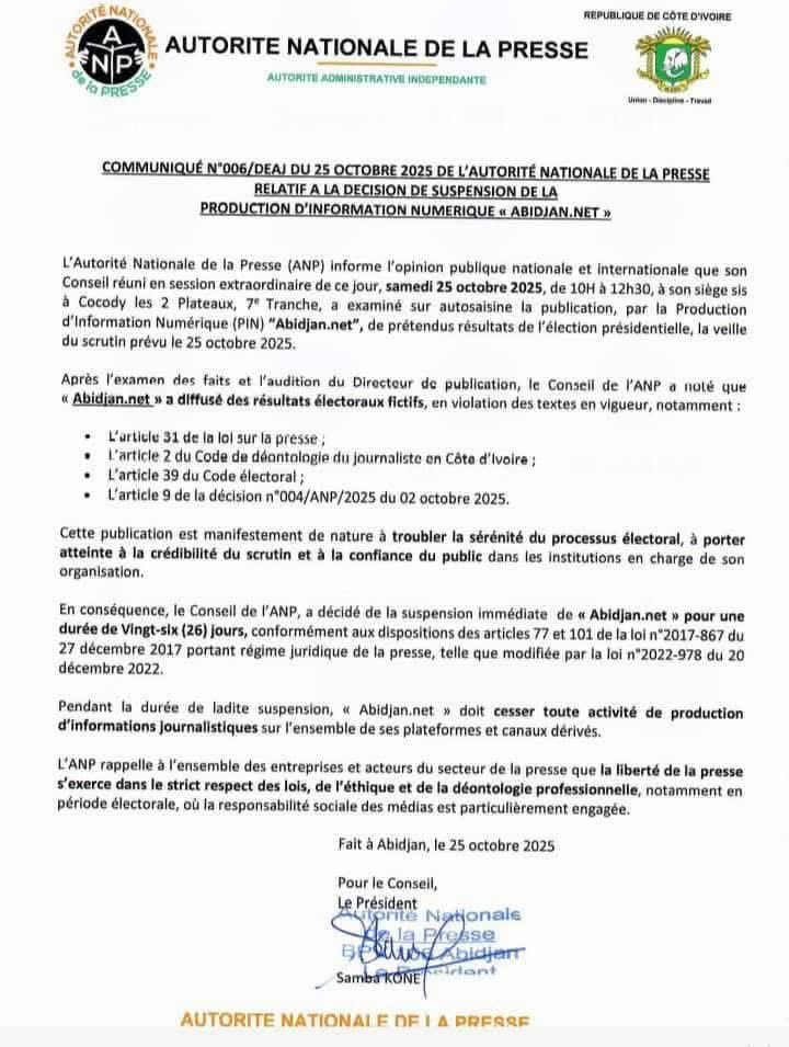 Suspension de « Abidjan.net » par l’Autorité Nationale de la Presse Abidjan.net