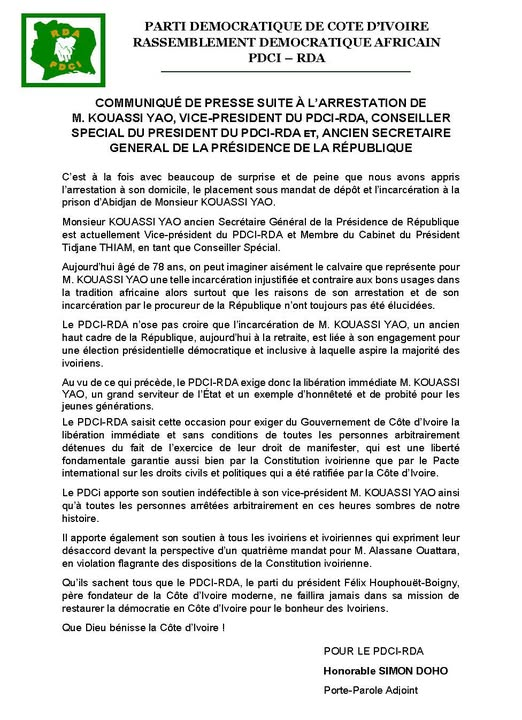 Le PDCI-RDA dénonce l’arrestation de son vice-président Kouassi Yao Le PDCI-RDA dénonce l’arrestation de son vice-président Kouassi Yao | Affairage.ci