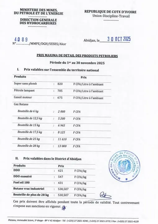Nouvelle grille des prix des produits pétroliers pour novembre 2025 Produits