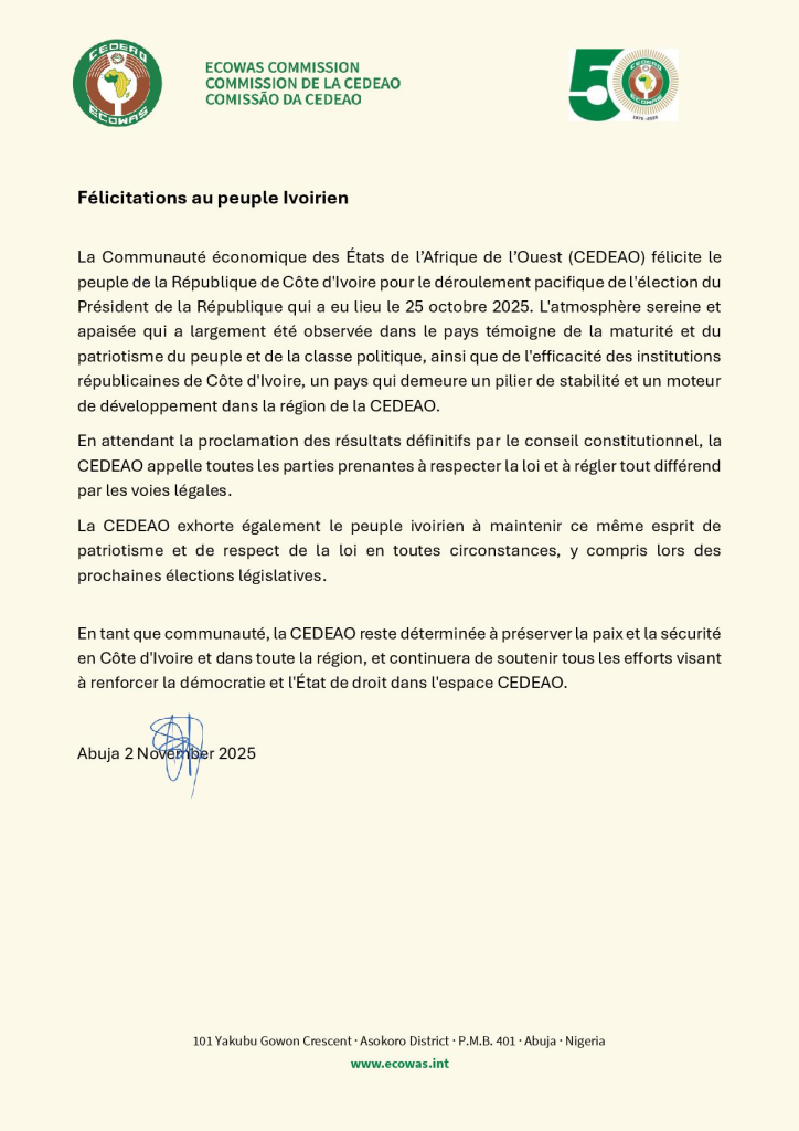 Présidentielle 2025 : La CEDEAO félicite la Côte d'Ivoire CEDEAO