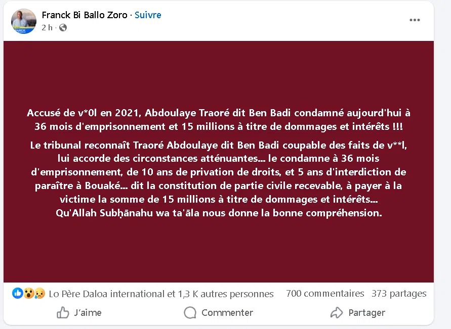Justice : Abdoulaye Traoré dit Ben Badi aurait été condamné à 3 ans de prison ferme pour viol Justice : Abdoulaye Traoré dit Ben Badi condamné à 3 ans de prison ferme pour viol
